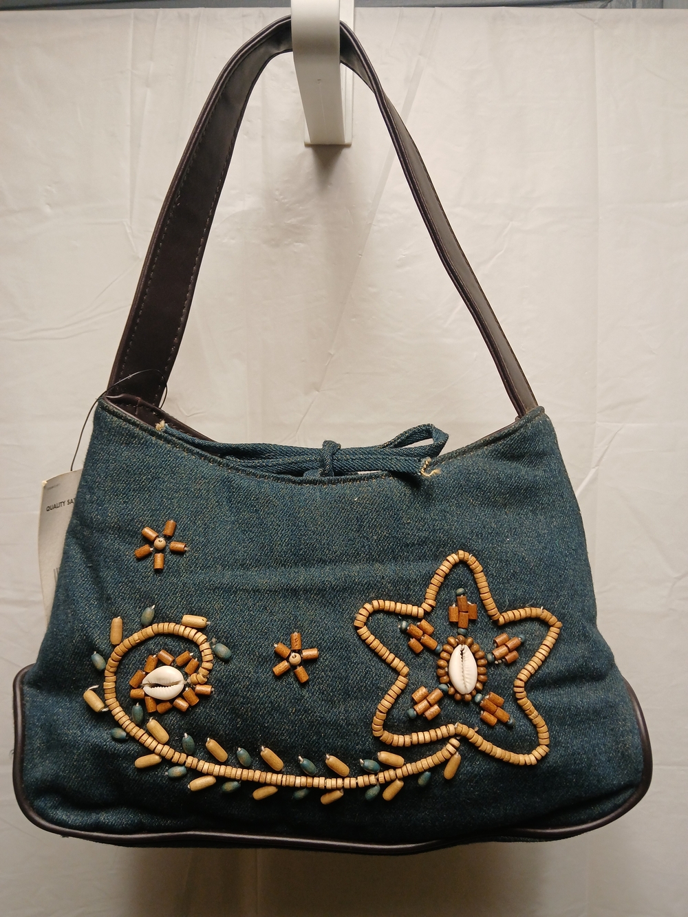Accessory Works Denim Shoulder Bag with Bead and Shell Accents -Blue
